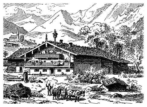 Austria - Mountain Tyroler landscape with typical farmhouse with wooden balconies under the sloped roof