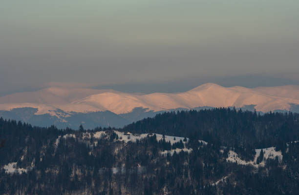 Winter view of the Borzhava ridge from the Synevyr pass in Carpathian Mountains, Ukraine