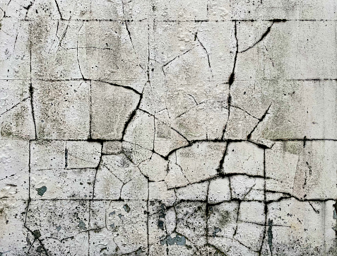 Mouldy cracked damp concrete wall in Great Yarmouth. November 2023
