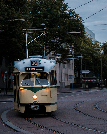 Tram approaching in the center of Den Haag, NL