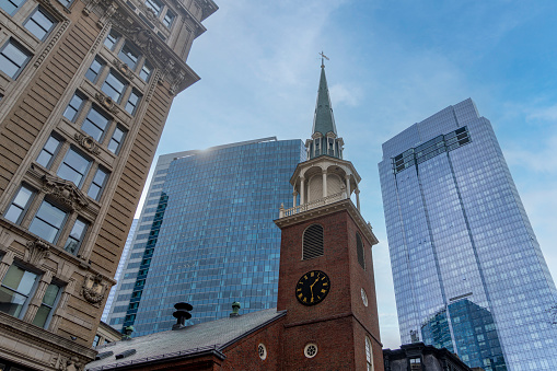 The Financial District in Downtown Boston. In the foreground is the State House.