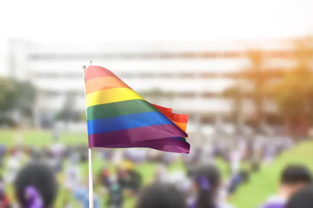 Rainbow flags, symbol of LGBT people, on blurred students on green grass lawn backgroud, concept for supporting all people to support LGBT people events around the world.