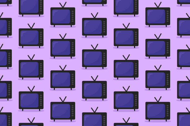 analogowy telewizor retro z bezszwowym wzorem anteny. wektor fioletowe tło z telewizją. płaska konstrukcja, styl kreskówki - seamless tile audio stock illustrations