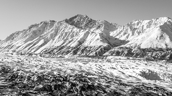 The Matanuska Glacier is located in the Glacier View area of Alaska  Alaska. This glacier is the largest glacier that is able to be reached by a car. Traveling along the Glenn Highway, the glacier spreads out across the valley. On this day it was a beautiful sight with the Chugach Mountains rising in the distance.