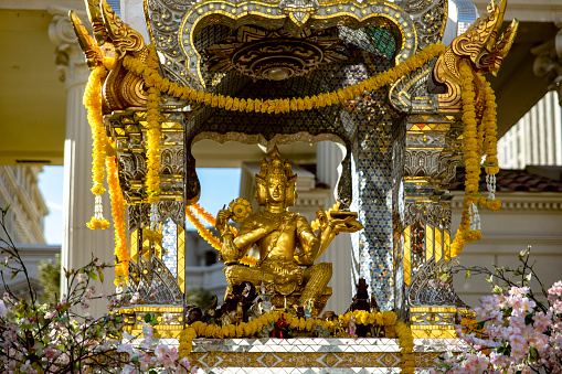Las Vegas, USA; January 18, 2023: Buddhist temple on Las Vegas Boulevard with solid gold Buddha statue for meditation at Caesars Palace hotel, casino and resort in the middle of the Las Vegas Strip.