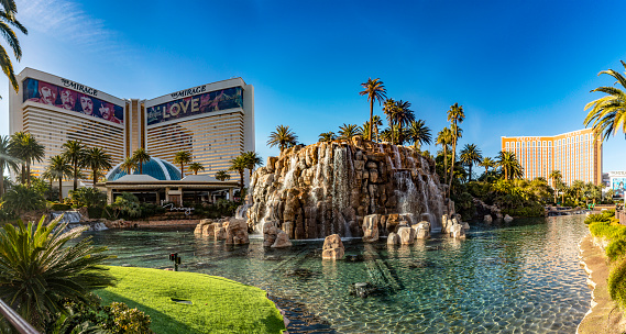 Las Vegas; USA; January 19, 2023: Panoramic view of the lake and volcano from The Mirage casino and Treasure Island Hotel Las Vegas in the middle of the Boulevard of the famous Las Vegas Strip.