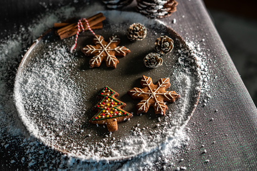 Traditional Christmas dessert on dark background. Holiday food. Top view, panorama