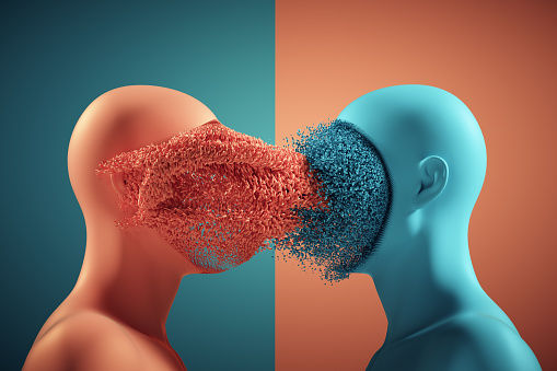 Two faceless people standing in front of each other. Deep learning and identity concept. This is a 3d render illustration