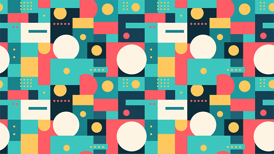 Abstract Geometric Seamless Pattern with Simple Minimalistic Shapes. Vector Background with Circles and Rectangles. Scandinavian style for web banner, business presentation, branding, and fabric