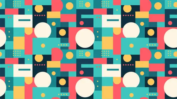 Vector illustration of Abstract Geometric Seamless Pattern with Simple Minimalistic Shapes. Vector Background with Circles and Rectangles