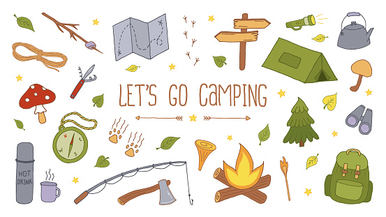 Vector Camping Set. Backpacking and Hiking Colorful Doodle Illustrations on White Background. Local Tourism Equipment for Summer Camp