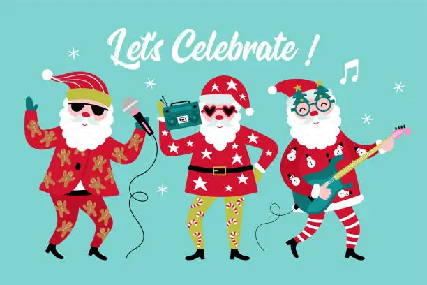Vector illustration of Christmas holiday cute Santa character set. Santa singing, playing guitar and dancing. Childish print for cards, stickers, apparel and decoration. Vector Illustration