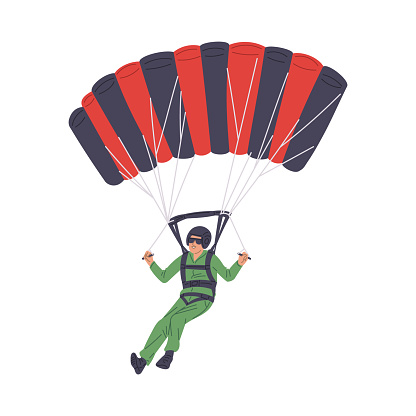Happy man jumping parachute flat style, vector illustration isolated on white background. Decorative design element, smiling character, sport and hobby. Adventure and adrenaline