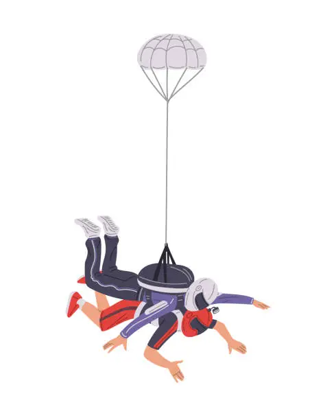 Vector illustration of Parachuting person falling with instructor, vector illustration of skydivers hobby, outdoor extreme activities, airdrop