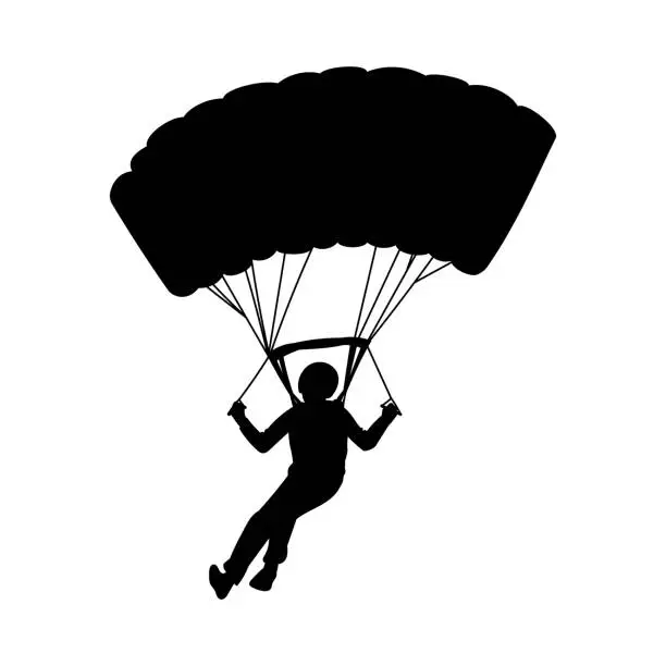 Vector illustration of Black silhouette of parachute jump, skydiving lover vector illustration, parachutist flies, outdoor extreme activity