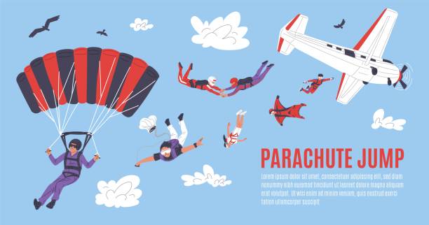 ilustrações de stock, clip art, desenhos animados e ícones de website banner template about parachute jump flat style - skydiving tandem parachute parachuting