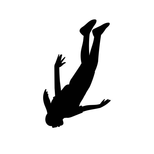 ilustrações de stock, clip art, desenhos animados e ícones de parachuting girl falling with an uninflated parachute vector black silhouette of skydiver woman, extreme activity - parachute parachuting skydiving silhouette