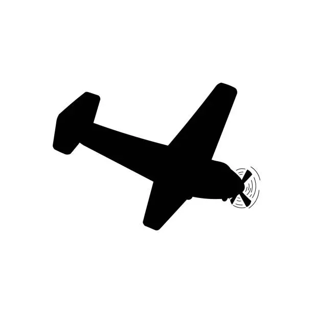 Vector illustration of Black silhouette of flying plane with propeller flat style