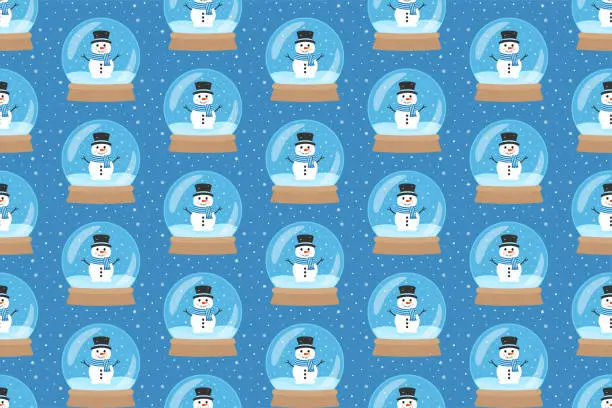 Vector illustration of Snow Globe with Snowman. Vector Seamless Pattern on Blue Background. Christmas and New Year Design