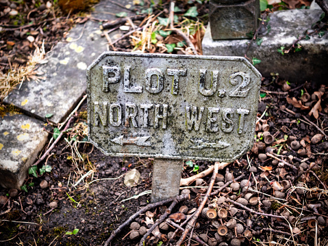 A cemetery plot number metal sign surrounded by a scattering of acorn cups and twigs.