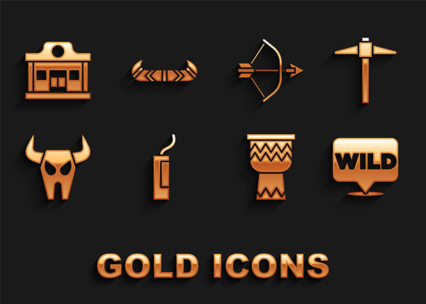 Set Dynamite bomb, Pickaxe, Pointer to wild west, Drum, Buffalo skull, Bow and arrow quiver, Wild saloon and Kayak or canoe paddle icon. Vector Set Dynamite bomb, Pickaxe, Pointer to wild west, Drum, Buffalo skull, Bow and arrow quiver, Wild saloon and Kayak or canoe paddle icon. Vector buffalo shooting stock illustrations