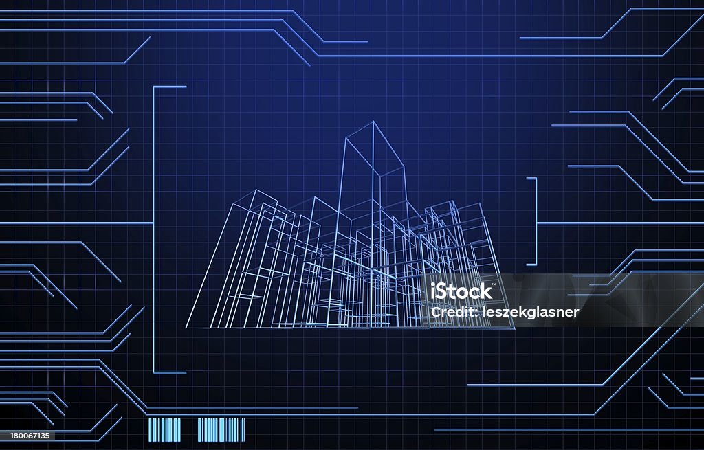 Wire frame presentazione di edificio su sfondo di tecnologia - Foto stock royalty-free di Architettura