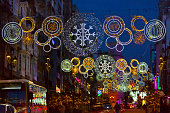 Street light Christmas decorations, traffic  in Vigo, Galicia, Spain.