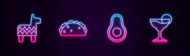 istock Set line Pinata, Taco with tortilla, Avocado fruit and Margarita cocktail. Glowing neon icon. Vector 1800685604