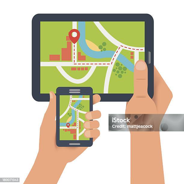Ilustración de Mapa En Un Dispositivo Digital y más Vectores Libres de Derechos de Agarrar - Agarrar, Aparato de telecomunicación, Comunicación