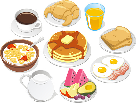 Breakfast Menu, with Coffee  cup, two Croissant, a pile of pancake, Cereal Milk bowl, mil bottle, eggs, bacon, Fruit, watermelon, peach, avocado, grapes, toasted bread, Butter and Syrup. Vector illustration cartoon.