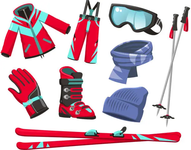Vector illustration of Ski Equipment Sport Jacket Pants Gloves Boots Scarf Hat goggles