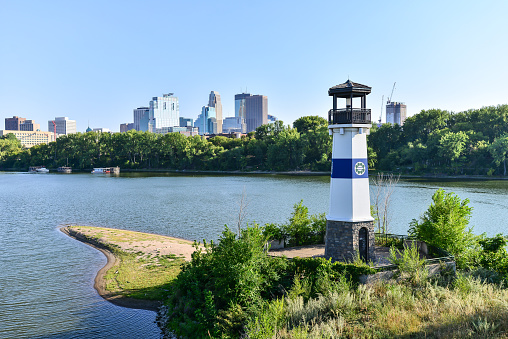 Minneapolis Boom Island Lighthouse and Skyline along Mississippi River