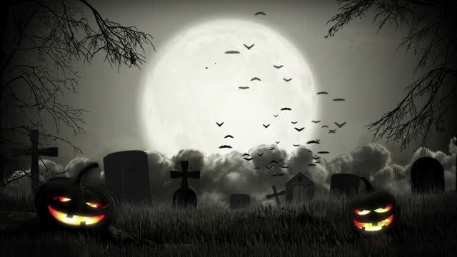 Halloween animation. Graveyard with carved pumpkins and bats flying
