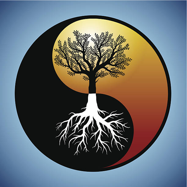 Tree and it's roots in yin yang symbol vector art illustration