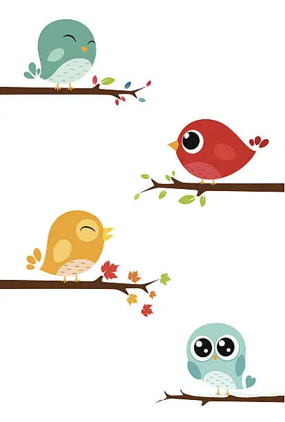 Vector illustration of Birds sitting on branches