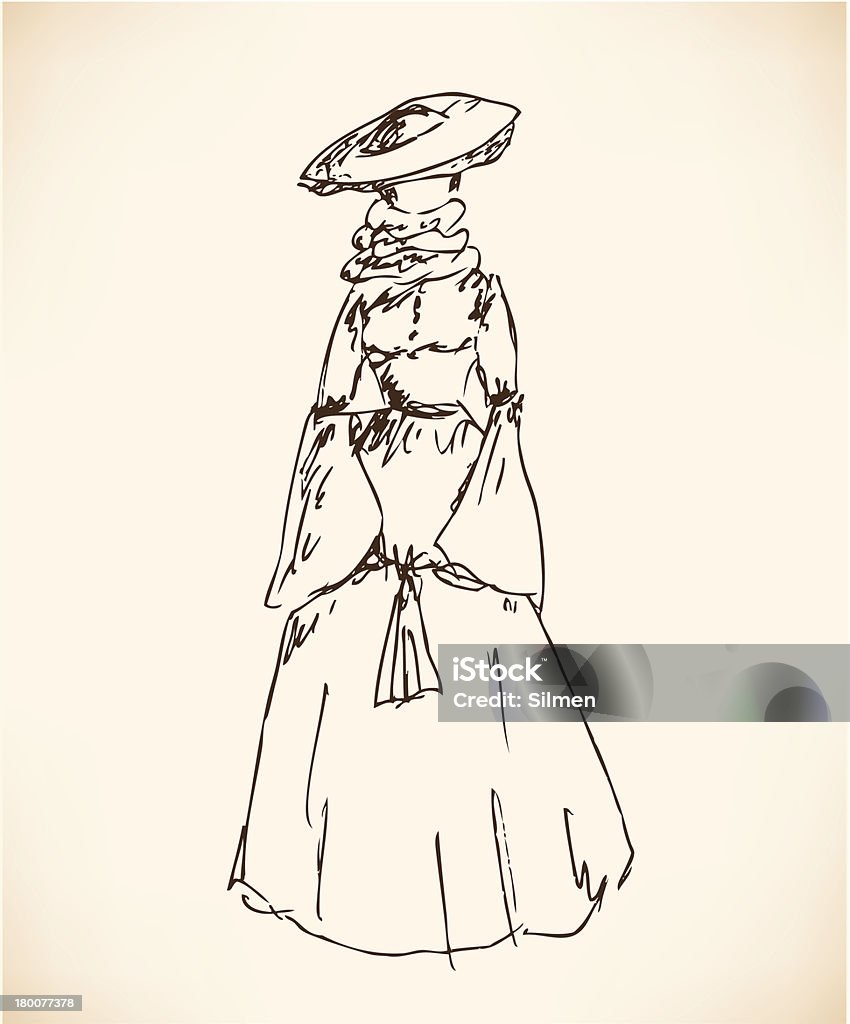 Esboço de mulher em roupas retrô - Vetor de Estilo Vitoriano royalty-free
