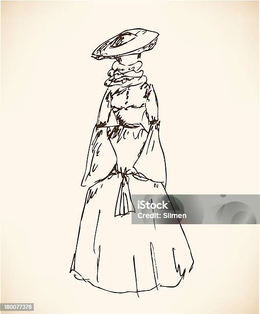 Эскиз Женщина В Ретро Одежда — стоковая векторная графика и другие изображения на тему Викторианский стиль - Викторианский стиль, Мода, Набросок