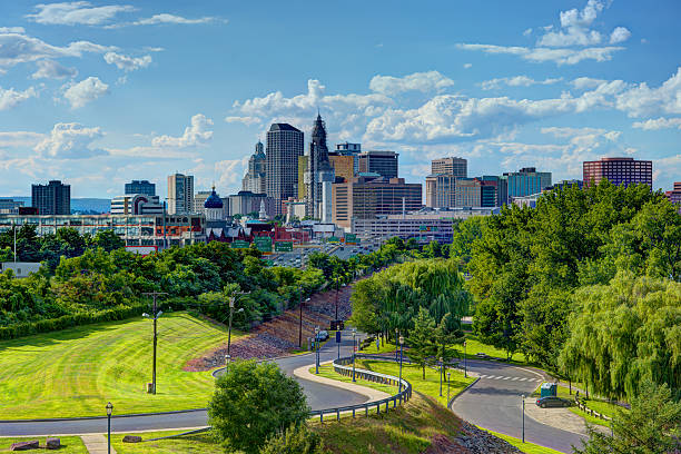 Hartford Connecticut Skyline Skyline of downtown Hartford, Connecticut from above Charter Oak Landing. connecticut stock pictures, royalty-free photos & images
