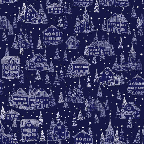 boże narodzenie i nowy rok bezszwowy wzór. bajkowe alpejskie domy, gwiazdy, płatki śniegu, jodła i świerk na ciemnoniebieskim tle - seamless house pattern town stock illustrations