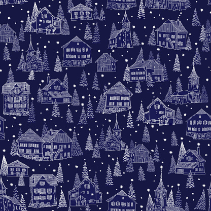 Christmas and New Year seamless pattern. Fairy tale Alpine houses, stars, snowflakes, fir tree and spruce on a dark blue background