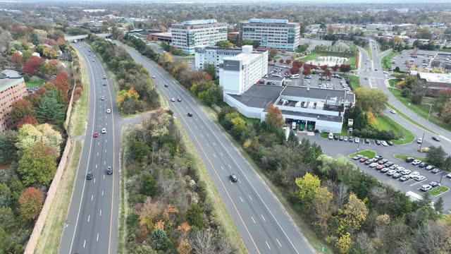 Drone footage of the cars driving on the highways and Prince Rodgers Ave in Bridgewater, New Jersey