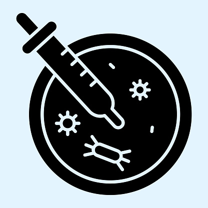 Virus analysis plate and pipette solid icon. Petri dish glyph style pictogram on white background. Bacteriology research Covid19 vaccine mobile concept web design. Vector graphics.
