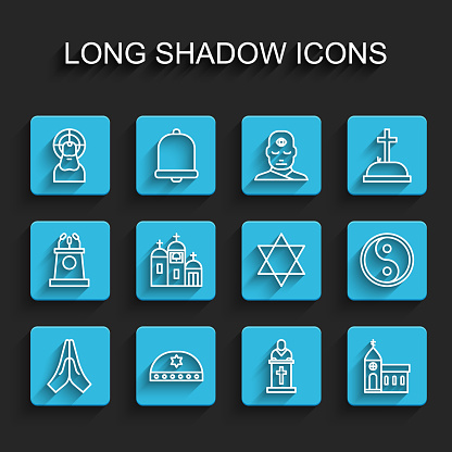 Set line Hands in praying position, Jewish kippah with star of david, Jesus Christ, Church pastor preaching, building, Yin Yang and Star David icon. Vector