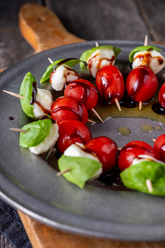 Caprese Appetizer with Tomato, Basil and Mozzarella on a Stick