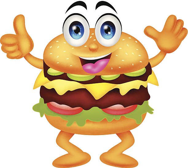 버거 카툰 캐릭터를 - hamburger bun barbecue sign stock illustrations