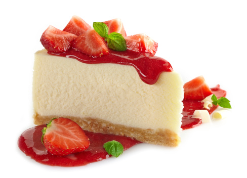 strawberry cheesecake and fresh berries on white background