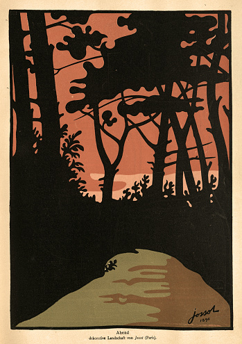 Vintage illustration Evening, Woodland, Trees, Sunset, Art Nouveau landscape, History 19th Century. Gustave-Henri Jossot