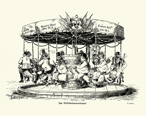 Vintage illustration Satirical political cartoon, Das Hofbräuhaus Carousel, Art Nouveau, Jugendstil, History 19th Century.