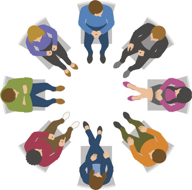 Overhead view of group discussion Circle of people sitting on chairs from above directly above illustrations stock illustrations