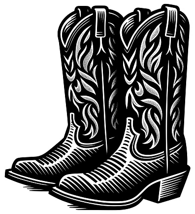 Pair of cowboy boots, linocut style with intricate patterns.